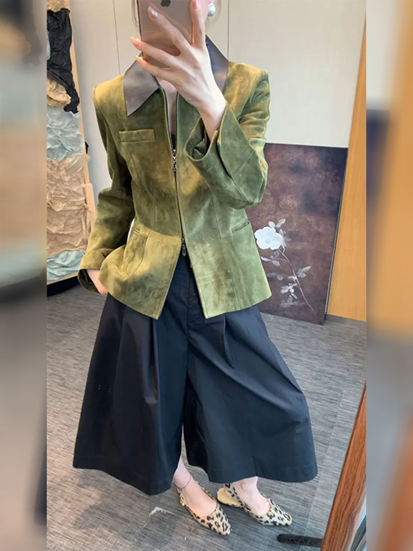 Retro Vintage Korean Fashion - Retro stijl groene suède jas damesmode