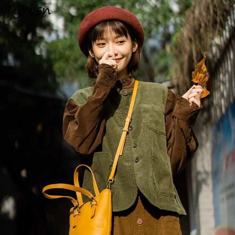 Retro Vintage Korean Fashion - Vest Dames Corduroy Retro Vintage Mouwloze