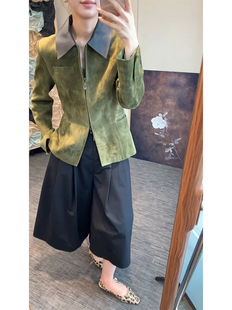 Retro stijl groene suède jas d - Retro Vintage Korean Fashion recensie en prijs