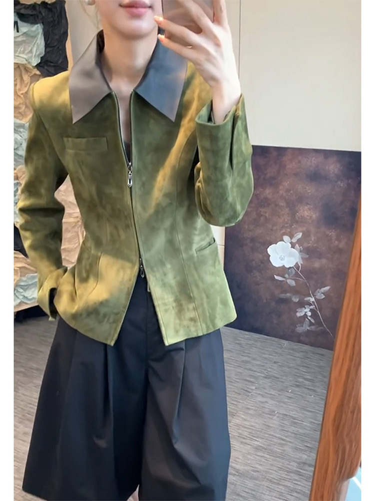 Retro stijl groene suède jas d - Retro Vintage Korean Fashion recensie en prijs