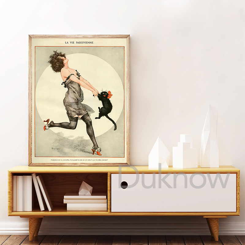 Vrouw En Zwarte Kat Dansen Vin - Vintage Fashion Magazine Covers recensie en prijs